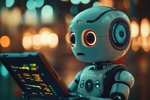 A robot holding a tablet computer in front of a city background photo