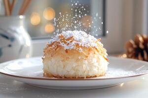 A dessert on a plate with powdered sugar photo