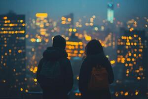 Shadowy Figures Amidst the Radiant Cityscape Glow photo