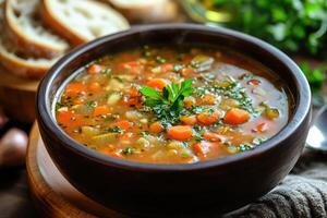 Hearty Vegetable Soup with Fresh Herb Garnish and Crusty Bread photo