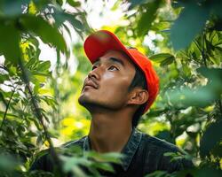 A man wearing a red hat looking up at the sky photo