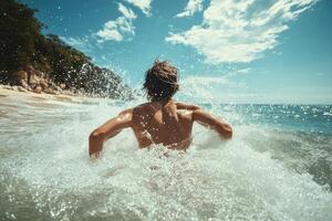 Joyful Adventurer Embracing the Ocean Breeze Elevating Beach Vibe photo