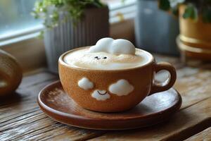 Whimsical Latte Art Cloudy Delights on Smaller Brown Cup photo
