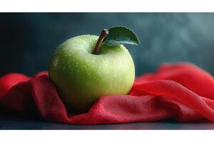 A green apple on a red cloth photo