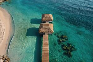 An aerial view of a beach with thatched huts photo
