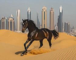 A horse running in the desert with the city skyline in the background photo