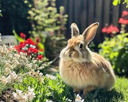 Fluffy Hare Frolicking in Sunny Blooming Garden Joyfully photo
