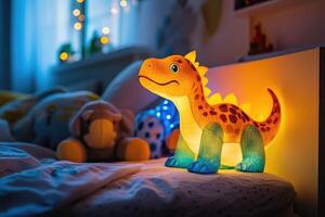 A dinosaur toy is on a bed in a bedroom photo