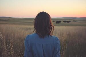 A woman standing in a field with cows photo