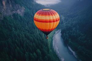 Hot air balloon flying over a river photo