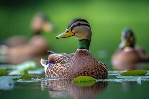 Graceful Ducks Gliding Through Tranquil Waters With Lily Pads photo