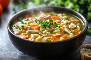 Chicken noodle soup with carrots and parsley photo