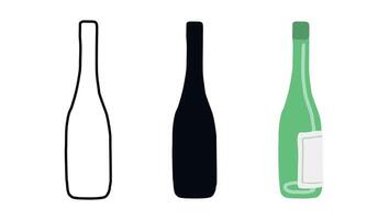Minimalist Glass Empty Wine Bottle Art in Outline, Silhouette, Colored Styles. Concept of Beverage Packaging, Beer Bottle Design, Simple Art, Modern Graphics. Isolated on White Background. Set vector