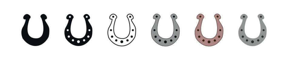 Set of Horseshoes in Various Styles, Black Silhouette, Outline, Colored Versions on white background. Concept of Good Luck, Equestrian Symbols, Western Icons. Collection of Design Elements Horse Theme vector