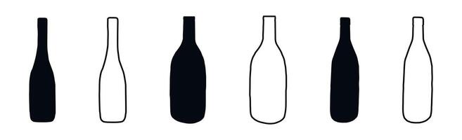 Set of Black outlines and silhouettes of glass Wine Bottles Isolated on White Background. Concept of Alcohol Beverage Icon, Beer Bottles, Minimalist Design, Elegant Drink, Graphic Element for Print vector