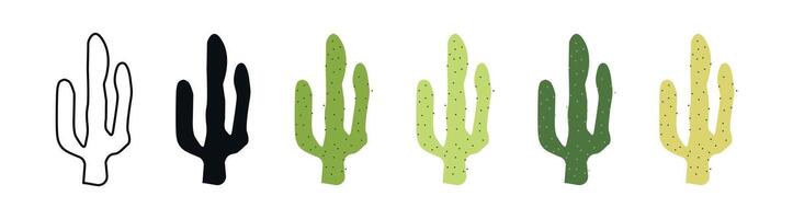 Set of Cactus in Different Styles, Outline, Silhouette, Various Green Shades. Collection of Desert Plants in Minimalist Designs. Concept of Nature, Succulents, Wild West Aesthetic. White Background vector