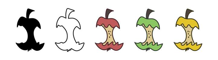 Set of Apple Cores in Different Styles Black Silhouette, Outline, Colored Versions. Collection of Eaten Apples in Red, Green, Yellow. Food Waste, Organic Recycling, Design Element. White Background vector