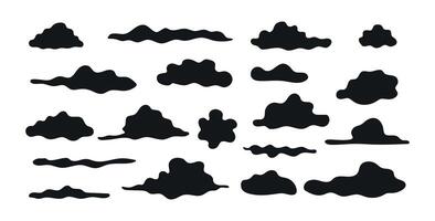 Set of Black Silhouette Cloud Shapes Isolated on White Background. Concept of Weather Icons, Abstract Sky Elements, Minimalist Design, Atmospheric Art, Graphic Illustration Collection. ClipArt vector