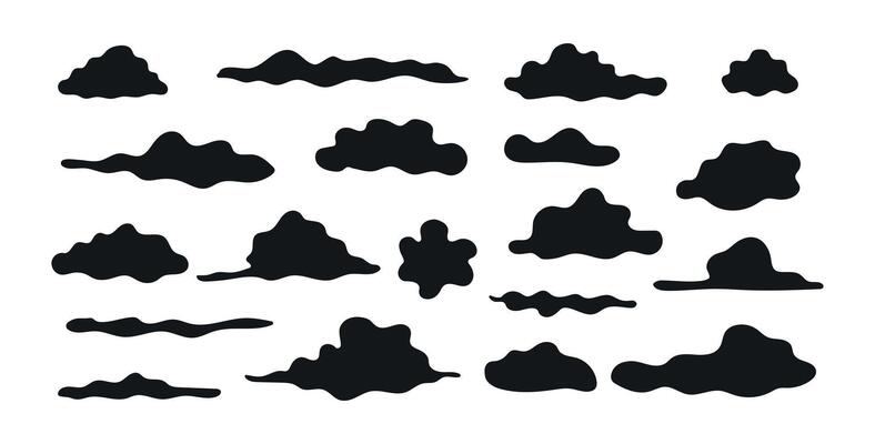 Set of Black Silhouette Cloud Shapes Isolated on White Background. Concept of Weather Icons, Abstract Sky Elements, Minimalist Design, Atmospheric Art, Graphic Illustration Collection. ClipArt