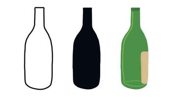 Minimalist Glass Empty Wine Bottle Illustrations in Outline, Silhouette, Colored Styles. Concept of Beverage Packaging, Beer Bottle Design, Modern Graphics. Isolated on White Background. Set vector