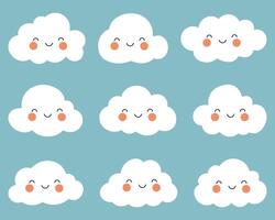 Cartoon clouds float on a light blue backdrop, each adorned with a cheerful smile and rosy cheeks, creating a whimsical atmosphere. vector