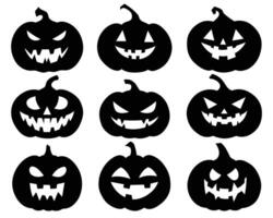 A collection of nine pumpkin illustrations, each carved with unique and expressive faces, ideal for spooky season celebrations. vector