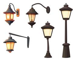 Cartoon image displaying various vintage style outdoor lamps, including wall mounted and standing options, with warm illuminating glow. vector