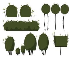Stylized garden bushes showcasing varied shapes, creating a whimsical, verdant landscape with simple, cartoon-style design and illustration. vector