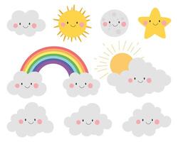 A charming, cartoon-style illustration featuring celestial objects such as clouds, sun, moon, star, and a rainbow, all with smiling faces. vector