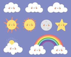 Cartoon sky elements featuring happy clouds, sunshine, rainbow, moon and star on a soft violet background. Cute and cheerful art. vector