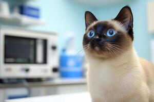 A siamese cat with blue eyes sitting on a table photo