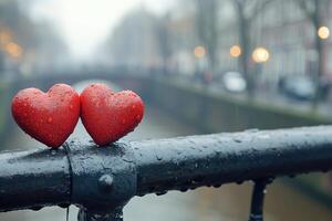 Two red hearts sitting on a railing photo