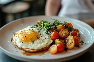A plate with an egg, tomatoes and herbs on it photo