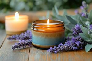 Candles and lavender on wooden table photo