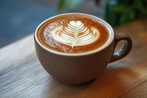 A latte in a brown cup on a wooden table photo