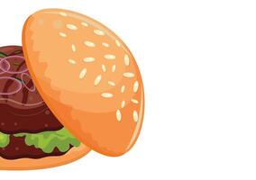 poster with burgers, namely with half a burger with a fried patty, pickled purple onions and a bun with congee, for World Burger Day vector