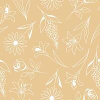 seamless pattern with simple icons of buds of various flowers and branches drawn with several lines in line art style on a brown background, for logos and tattoos vector