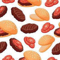 seamless pattern with hamburger icon with wheat bun with congee and beef patty and tomato slices vector