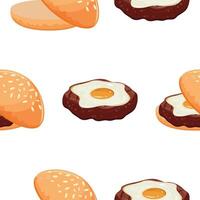 pattern with a hamburger icon with a wheat bun with congee and a beef patty and a fried chicken egg lying on the patty, for World Burger Day vector