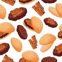seamless pattern with hamburger icon with wheat bun and beef patty and fried bacon, for World Burger Day vector