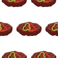 pattern with an icon of a grilled meat patty for a hamburger and pieces of colorful peppers, for International Hamburger Day vector