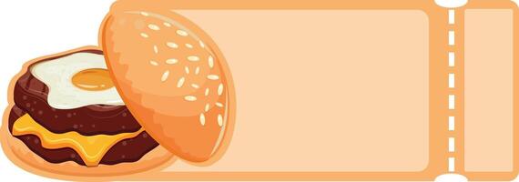 Coupon template with burger icon with fried patty, cheese, fried egg and bun with congee, for World Burger Day vector