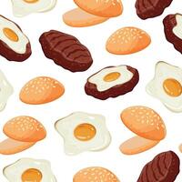 seamless pattern with a hamburger icon with a wheat bun with congee and a beef patty and a fried chicken egg lying on the patty, for World Burger Day vector