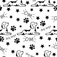 seamless pattern with a simple icon of a dog doing yoga, namely lying in the cobra pose and various inscriptions, for logos and various designs vector