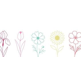 poster or card template with simple icons of buds of various flowers with petals of different sizes drawn with several multi-colored lines in line art style, for logos and tattoos vector