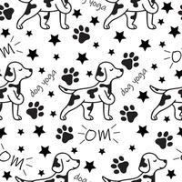 seamless pattern with a simple icon of a dog doing yoga, namely standing with a wrapped paw and meditating and various inscriptions, for logos and various designs vector
