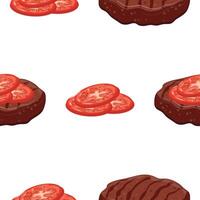 pattern with icon of grilled meat patty for hamburger and slices of red tomato and chopped tomato, for international hamburger day vector