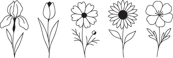 set of simple icons of buds of various flowers with petals of different sizes drawn with several lines in line art style, for logos and tattoos vector