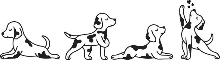 set of dogs practicing various yoga poses and meditating, for logos or various designs vector