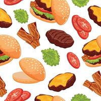 seamless pattern with juicy double burgers with cheese and vegetables and bacon arranged randomly, for World Burger Day vector